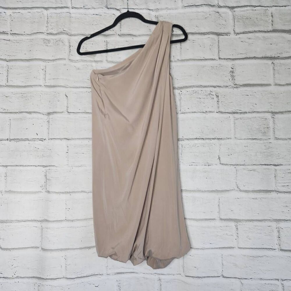 Ramy Brook Beige One Shoulder Mini Dress Bubble Hem 100% Silk Party - Picture 6 of 15